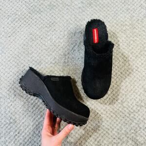 Vintage Y2K Unionbay Black Suede Sherpa Lined Platform Chunky Slip On Clog Shoes